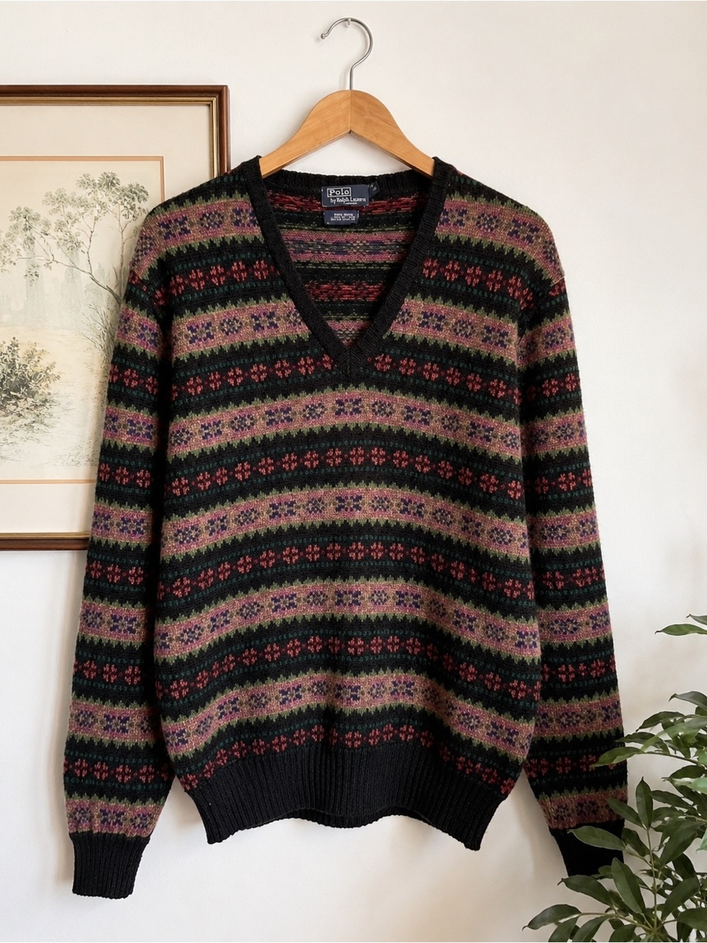 Vintage Polo Ralph Lauren Fair Isle Wool V Neck Sweater Large Men's Black